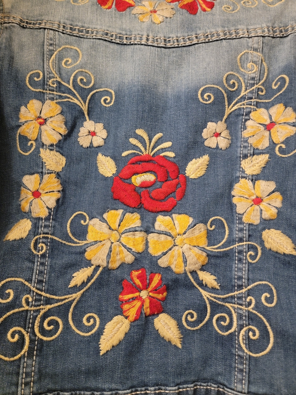 DRIFTWOOD Embroidered Light Blue Denim Jacket with Red & Yellow Flowers - Picture 2 of 5